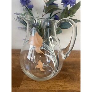Vintage Mid Century Floral Glass Pitcher Orange Lily Design Retro Barware Jug